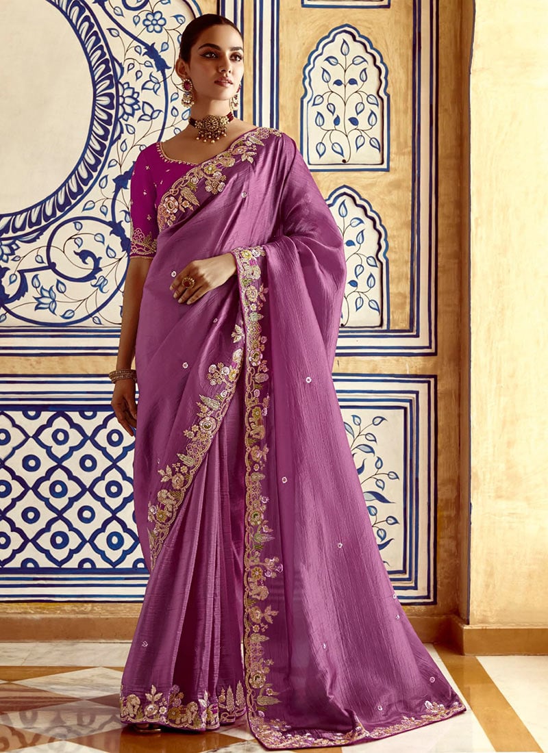 Lilac Silk Embroidered Sequins Stone And Beads Work Dazzaling Saree Wedding Wear
