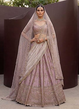 Lilac Silk Hand Embroidered Zari Embroidery Lehenga
