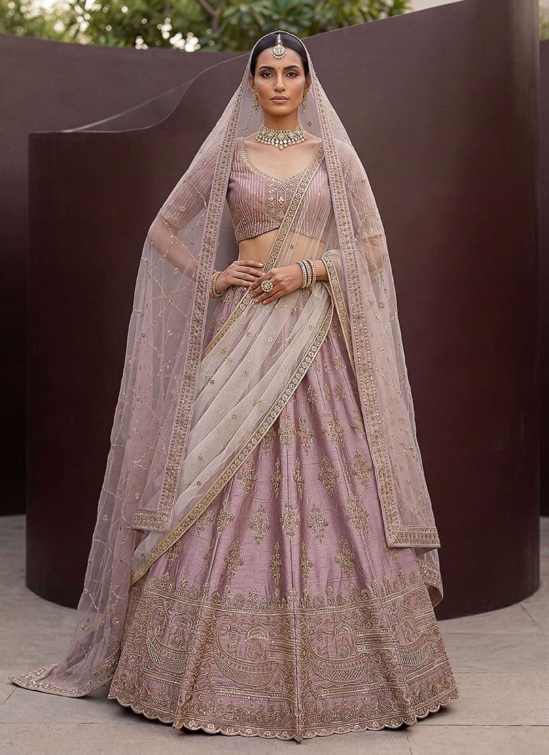 Lilac Silk Hand Embroidered Zari Embroidery Lehenga Wedding Wear