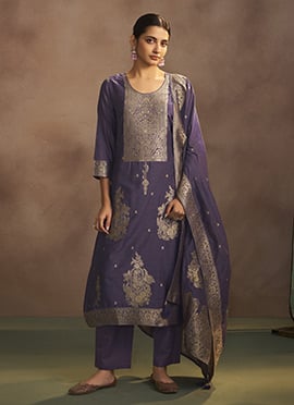 Lilac Silk Jacquard Straight Pant Suit
