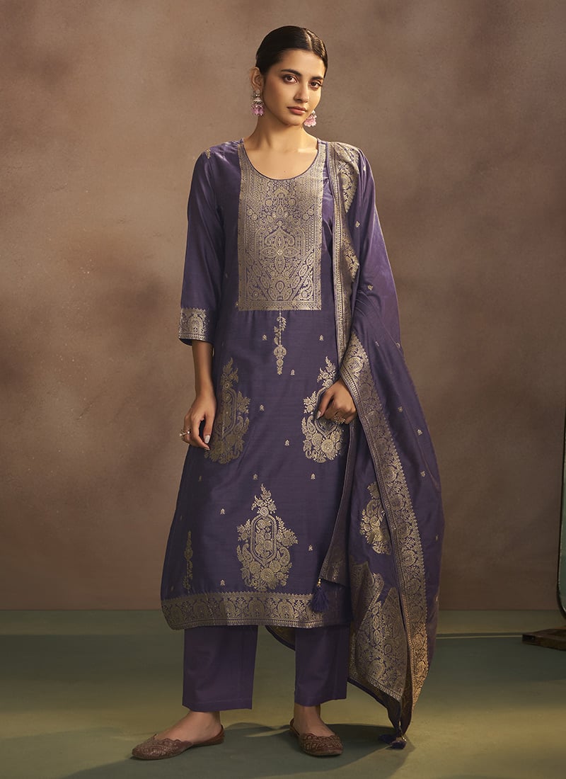 Lilac Silk Jacquard Straight Pant Suit After Six Wear