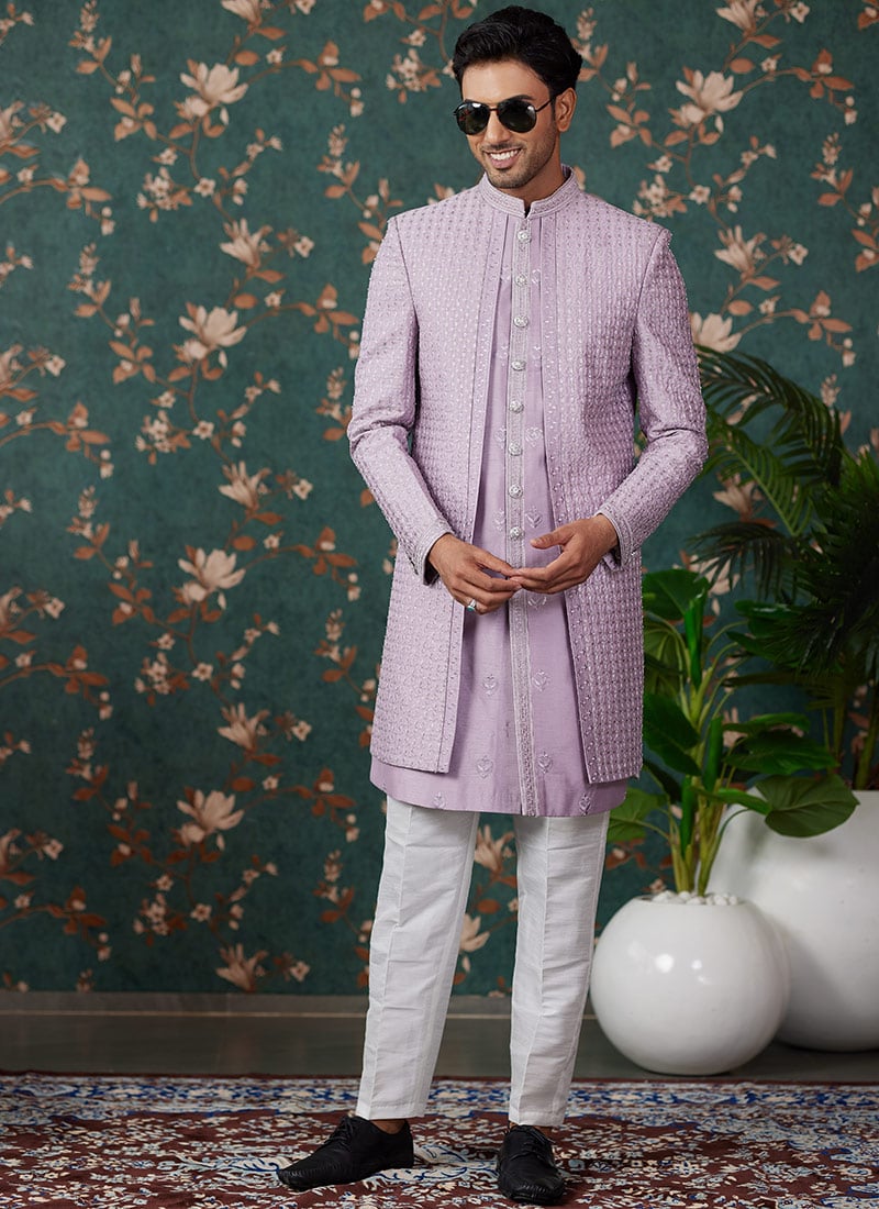 Lilac Silk Thread Embroidered And Sequins Indowestern Sherwani Wedding Wear