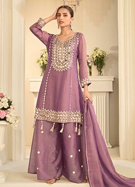 Lilac Silk Zari Embroidered Mirror Work Palazzo Suit