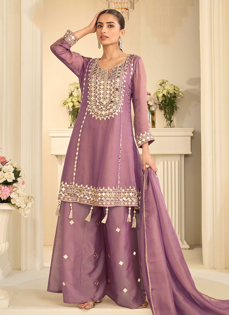 Lilac Silk Zari Embroidered Mirror Work Palazzo Suit Festive Wear