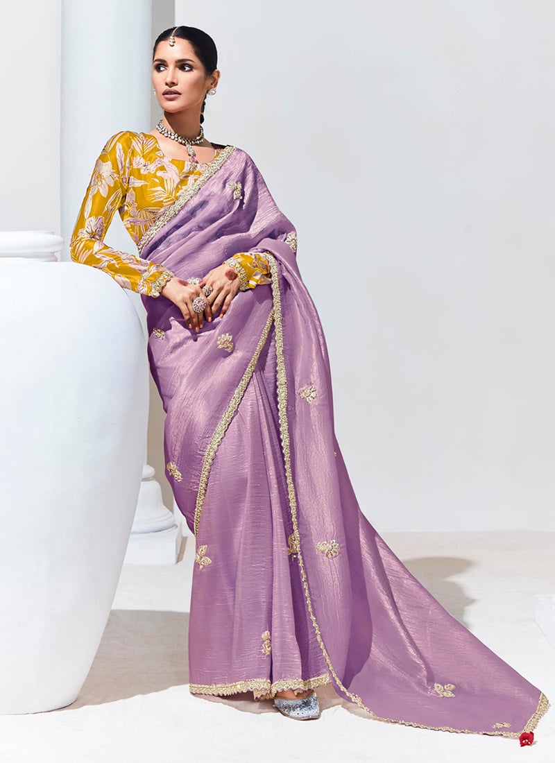 Lilac Tissue Embroidered Sequins Saree With Digital Print Blouse