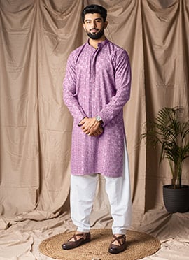 Lilac Viscose Rayon Embroidered Kurta Pyjama