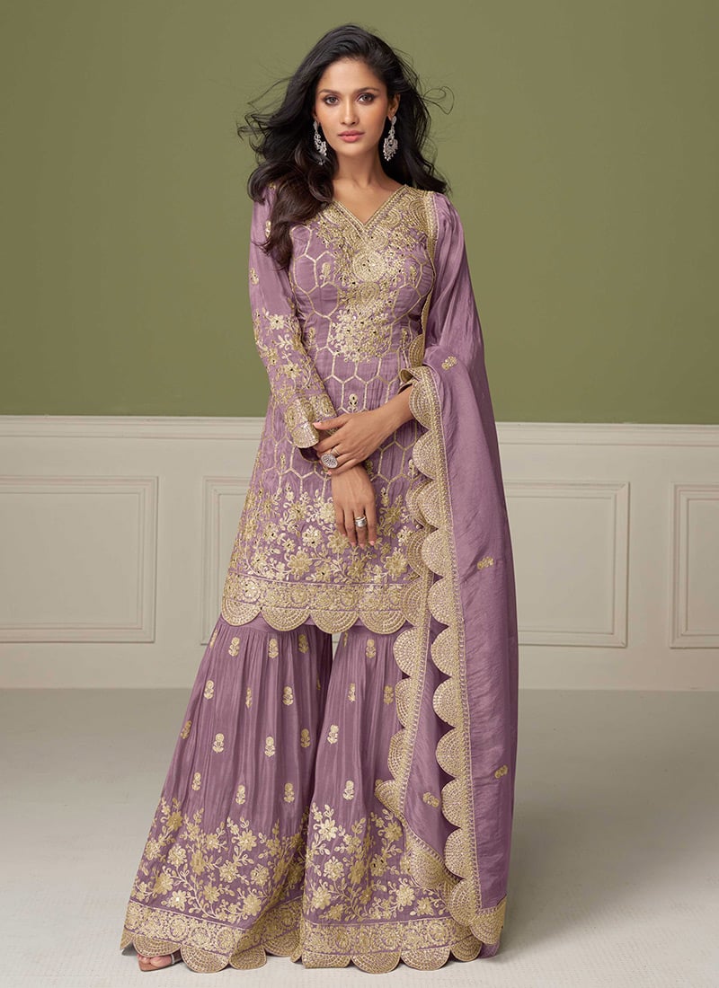 Lilac Zari Embroidered And Sequins Sharara Suit Festive Wear