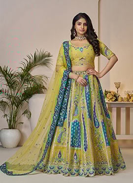Lime Green Banarasi Silk Zari Embroidered Sequins With Stone Work Lehenga