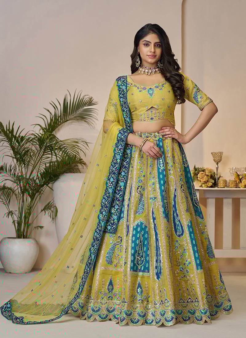 Lime Green Banarasi Silk Zari Embroidered Sequins With Stone Work Lehenga Wedding Wear