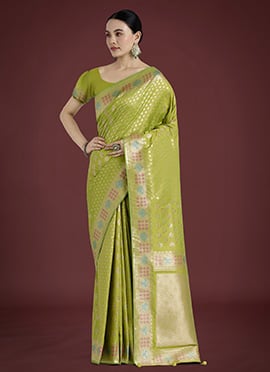 Lime Green Banarasi Silk Zari Woven Saree
