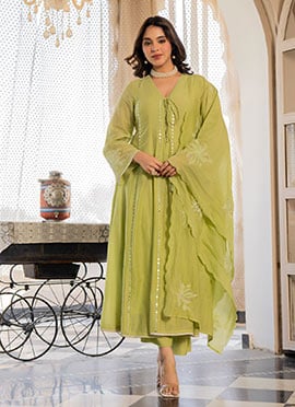 Lime Green Chanderi Embroidered Anarkali Suit