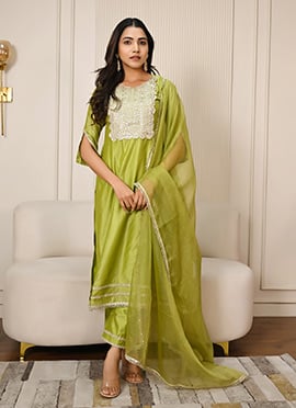 Lime Green Chanderi Zari Embroidered Sequins Straight Pant