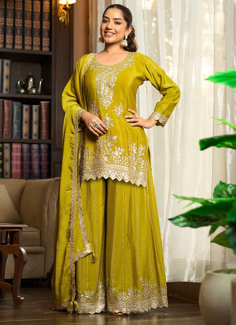 Lime Green Chiffon Embroidered Sequin With Stone Work Palazzo Suit Festive Wear