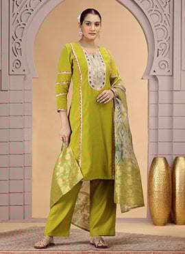 Lime Green Chiffon Sequins Embroidered Zari Digital Print Straight Pant Suit Festive Wear
