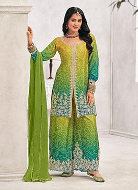 Lime Green Chinon Bandhani Print Embroidered Sequins With Stone Work Palazzo Suit