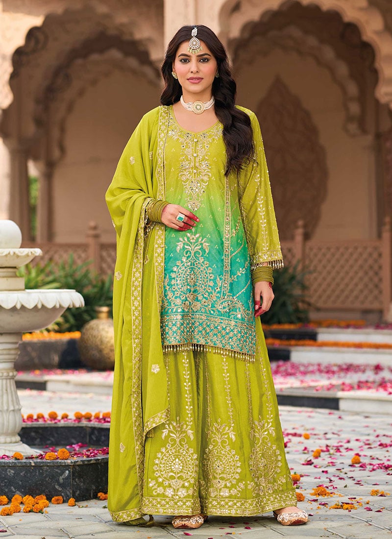 Lime Green Chinon Bandhini Print Embroidered Sequins Palazzo Suit Festive Wear