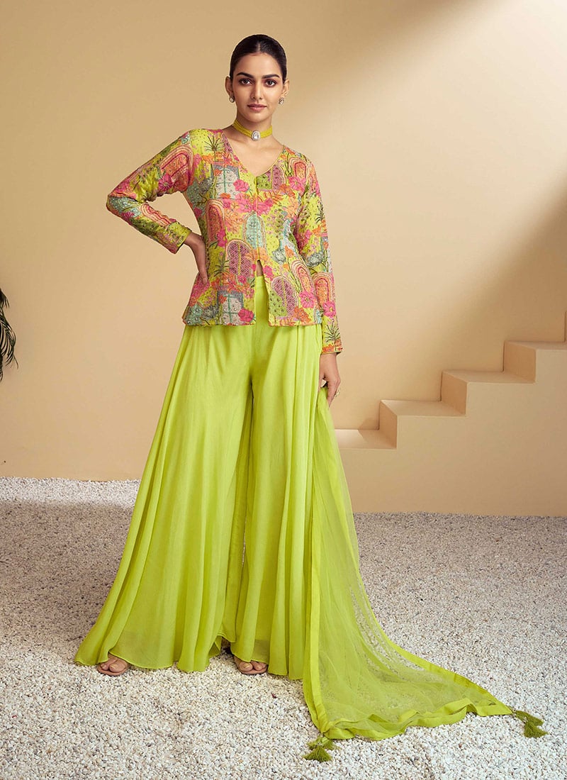 Lime Green Chinon Digital Print Cut Dana Work Beads Sequins Palazzo Suit Festive Wear
