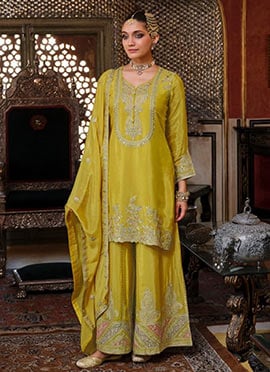 Lime Green Chinon Embroidered Sequins Mirror Work Palazzo Suit