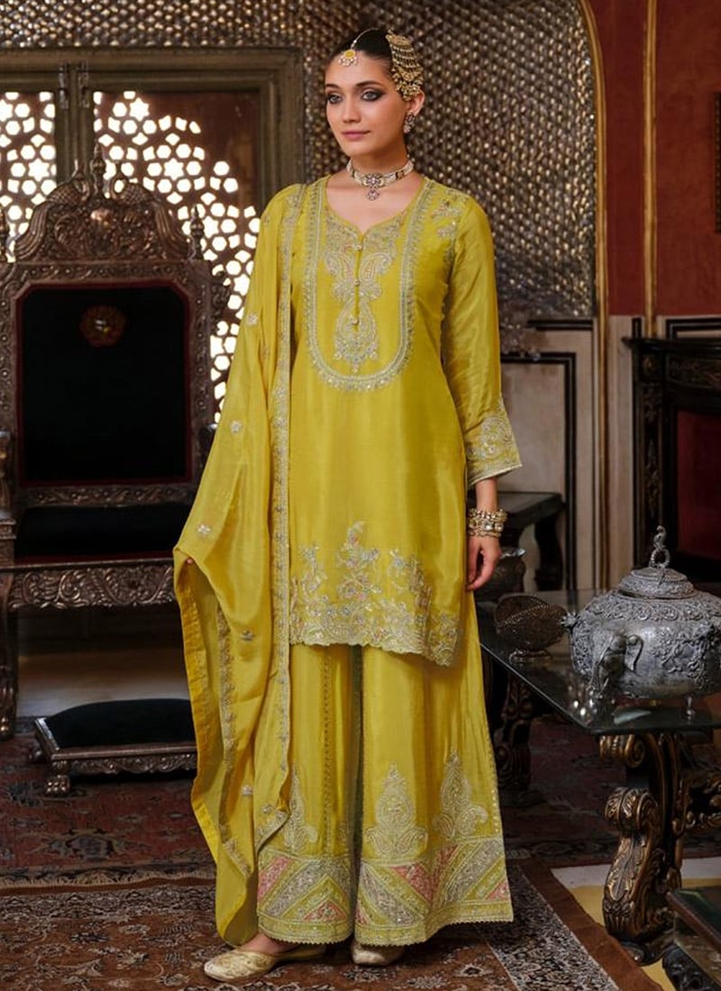 Lime Green Chinon Embroidered Sequins Mirror Work Palazzo Suit Festive Wear