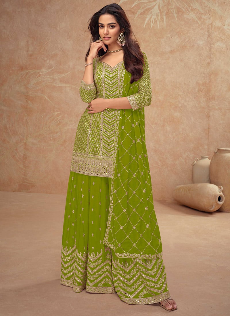 Lime Green Chinon Embroidered Sequins Palazzo Suit Festive Wear