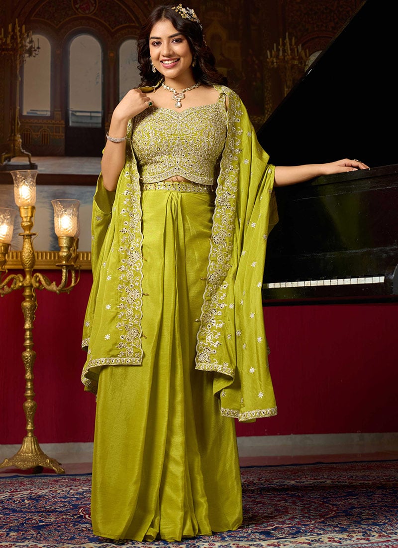 Lime Green Chinon Silk Embroidered Mirror Work Beads Indowestern Set and Suit Wedding Wear