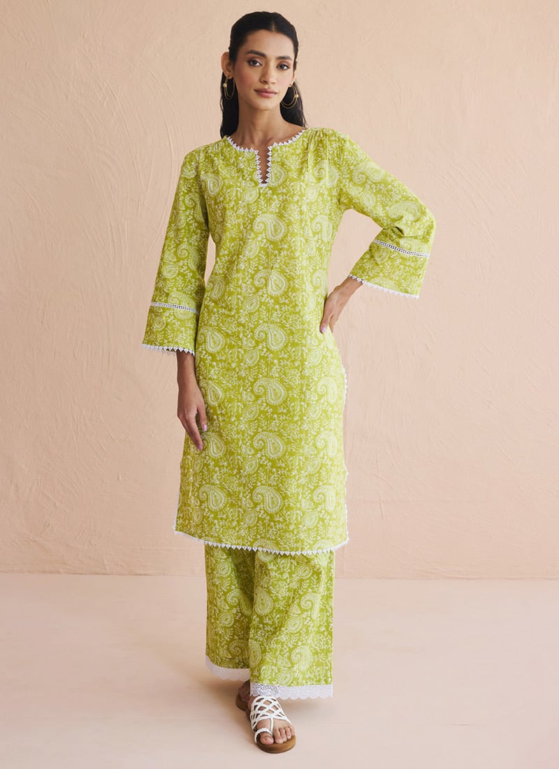 Lime Green Cotton Printed Co ord Set After Six Wear