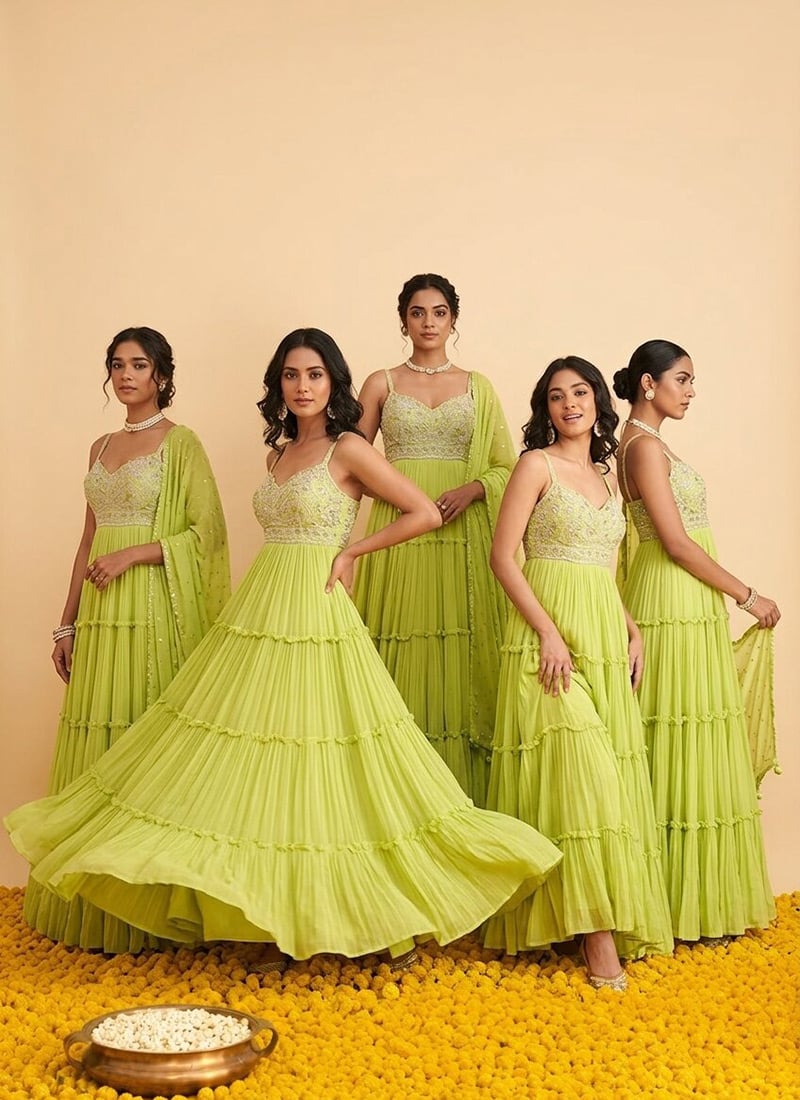Lime Green Georgette Cutdana Sequins Embroidered Anarkali Suit Festive Wear