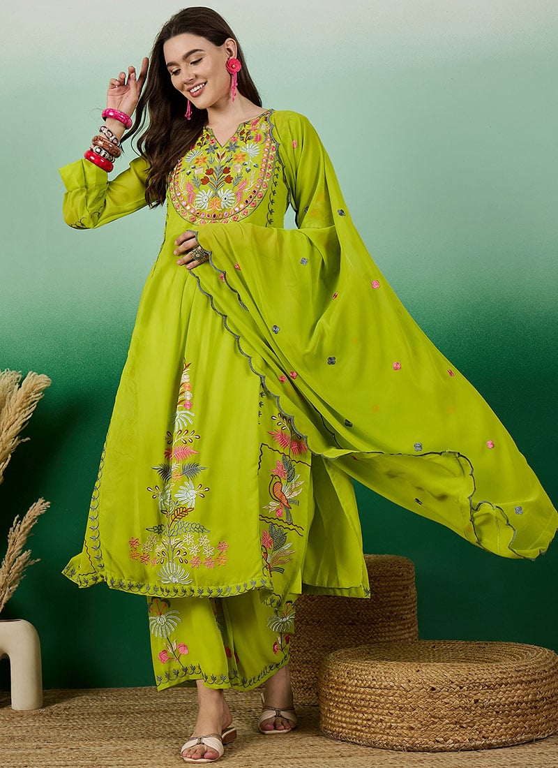 Lime Green Georgette Embroidered Straight Pant Suit Festive Wear