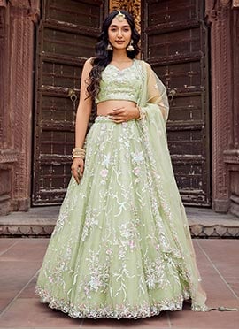 Lime Green Net Zari Embroidered Sequins Lehenga