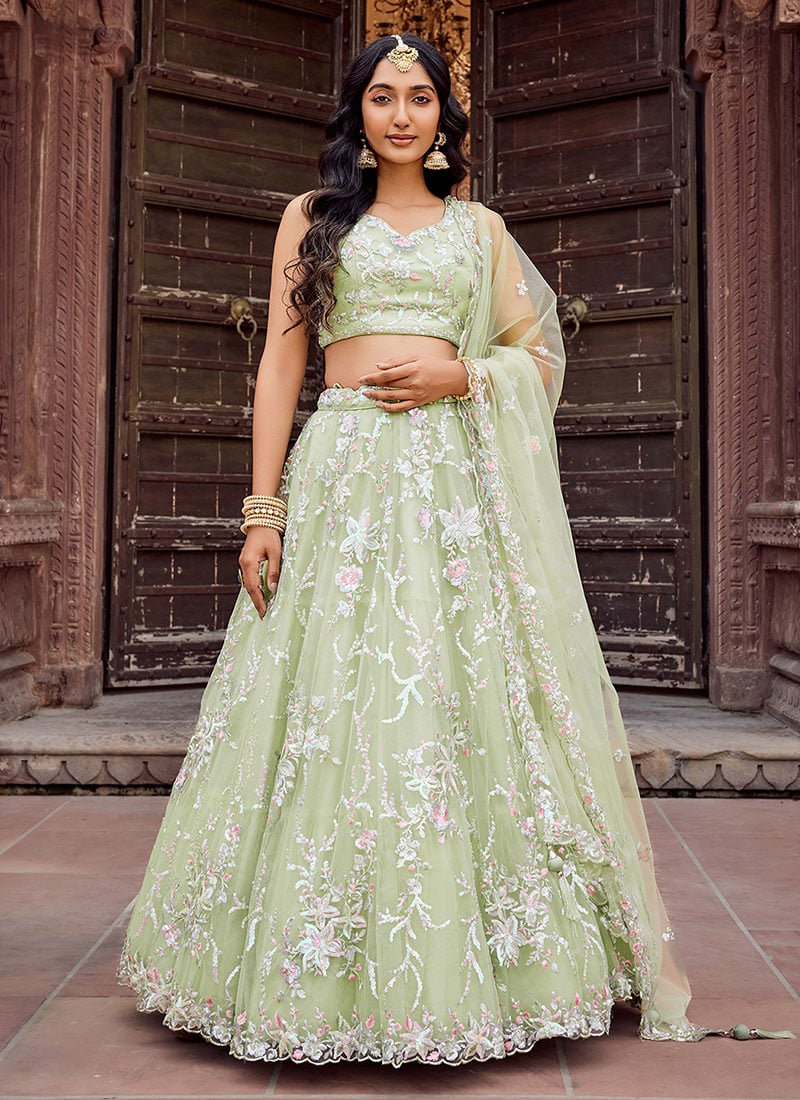 Lime Green Net Zari Embroidered Sequins Lehenga