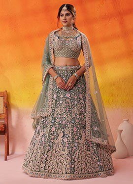 Lime Green Net Zari Embroidered Sequins With Beads Work Lehenga