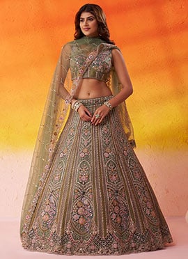 Lime Green Net Zari Embroidered Sequins With Beads Work Lehenga