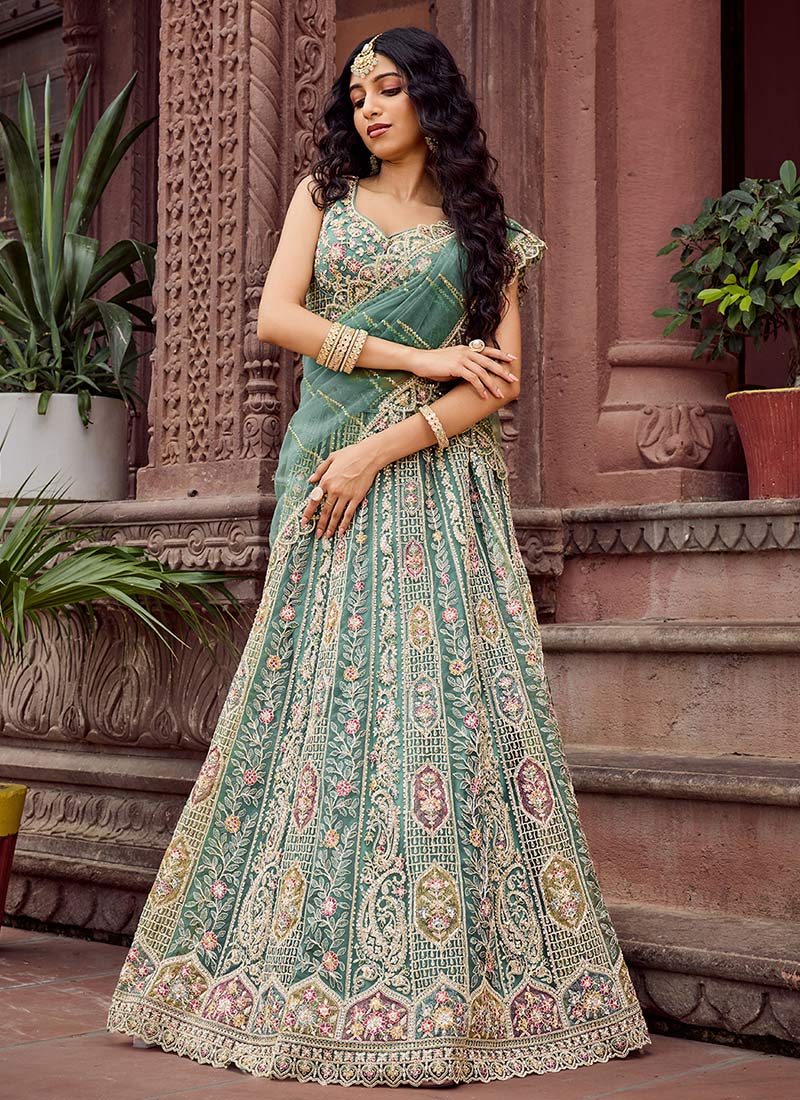 Lime Green Net Zari Embroidered Sequins With Stone Work Lehenga