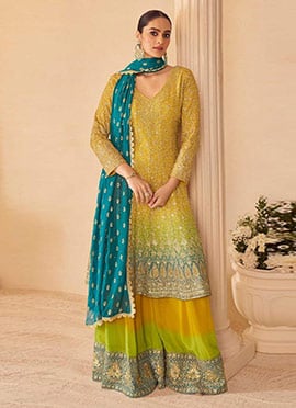 Lime Green Ombre Georgette Zarkan Stone Embroidered Sequins A Line Palazzo Suit