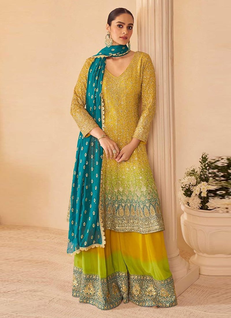 Lime Green Ombre Georgette Zarkan Stone Embroidered Sequins A Line Palazzo Suit Wedding Wear