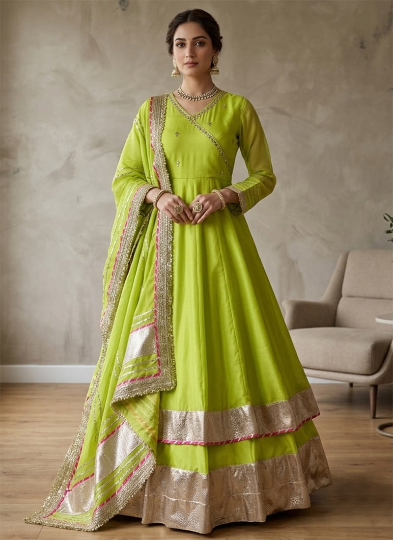 Lime Green Organza Silk Mirror Work Angarkha Anarkali Lehenga Suit Festive Wear