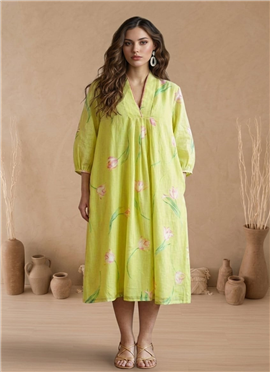 Lime Green Printed Cotton Dress
