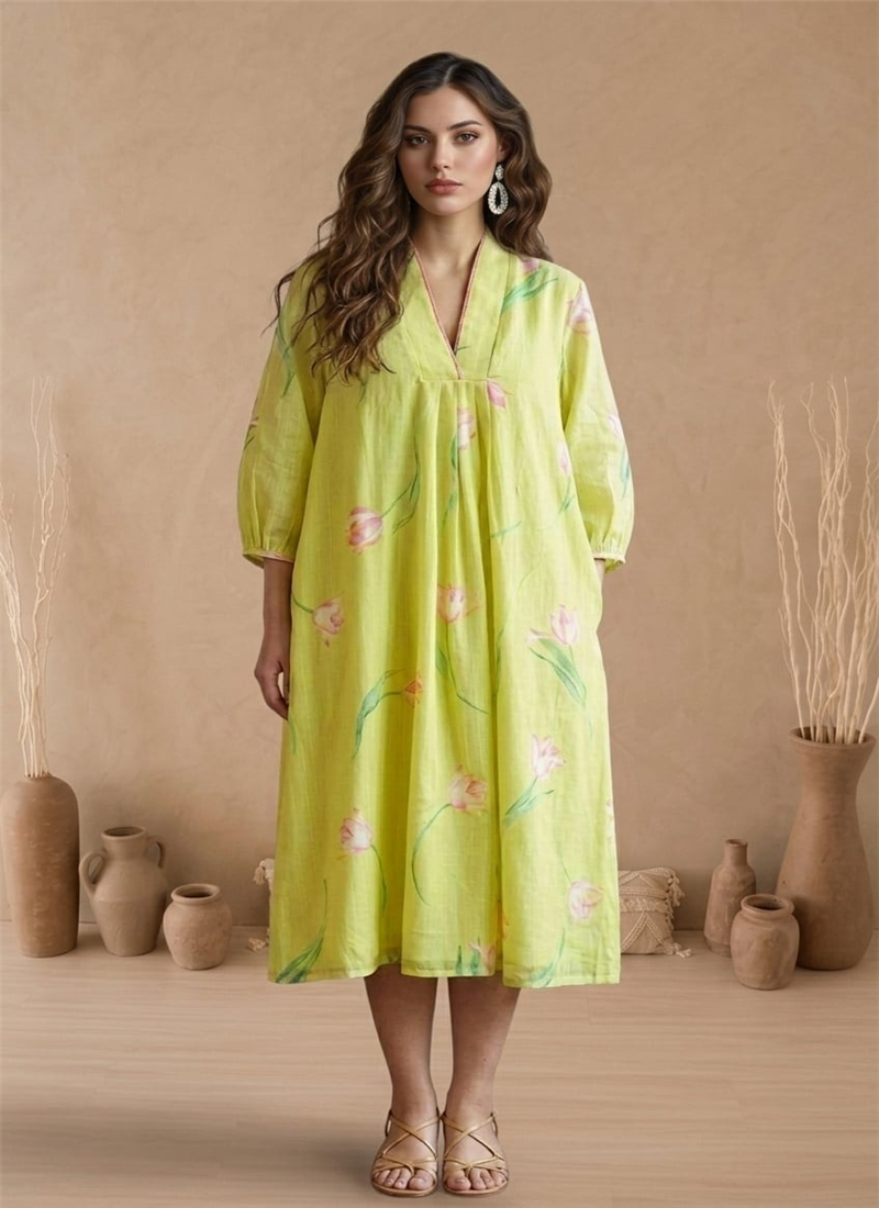 Lime Green Printed Cotton Dress After Six Wear