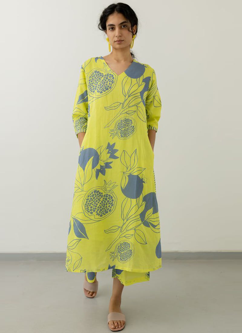 Lime Green Rayon Digital Print Indowestern Co ord Sets