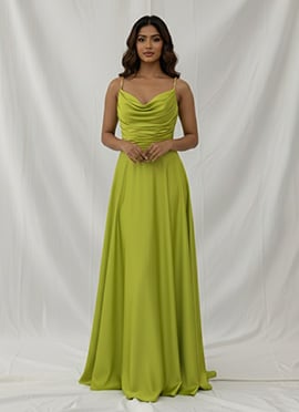 Lime Green Satin Cowl Style Elegant Gown
