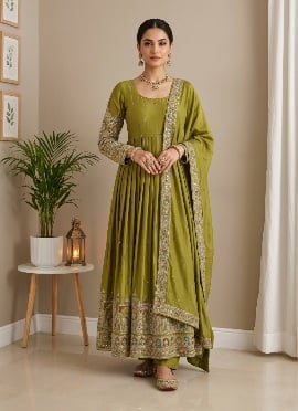 Lime Green Sequins Embroidered Silk Anarkali Suit