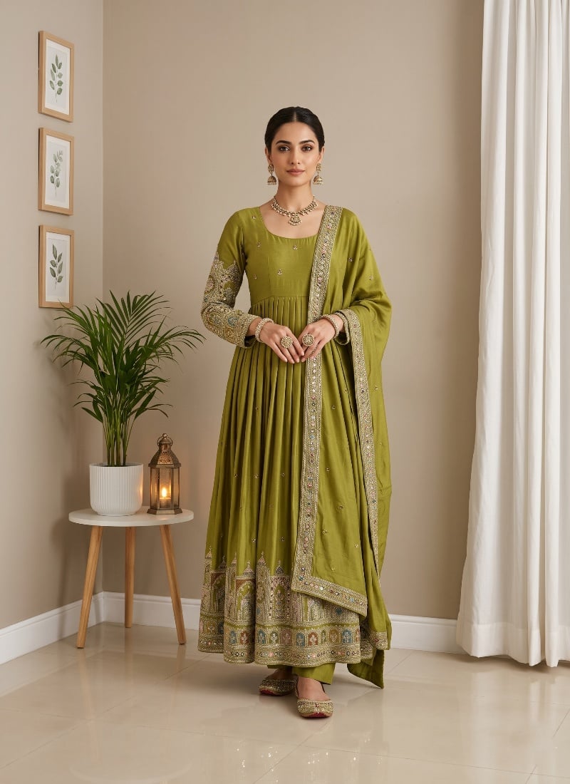 Lime Green Sequins Embroidered Silk Anarkali Suit After Six Wear