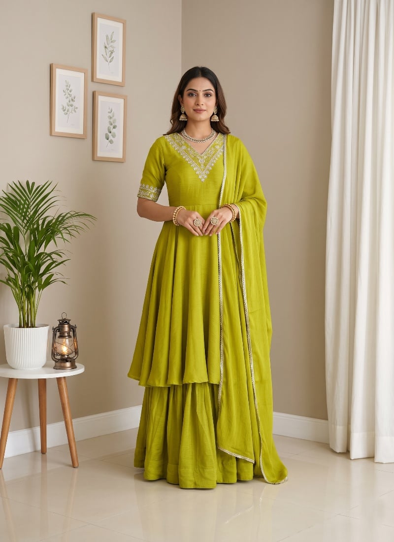 Lime Green Sequins Embroidered Silk Palazzo Suit After Six Wear