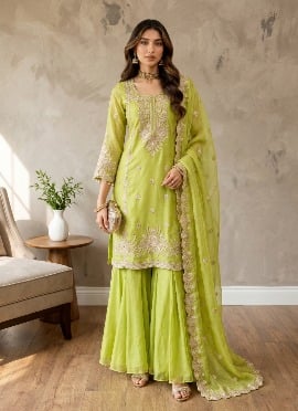 Lime Green Sequins Embroidered Silk Palazzo Suit