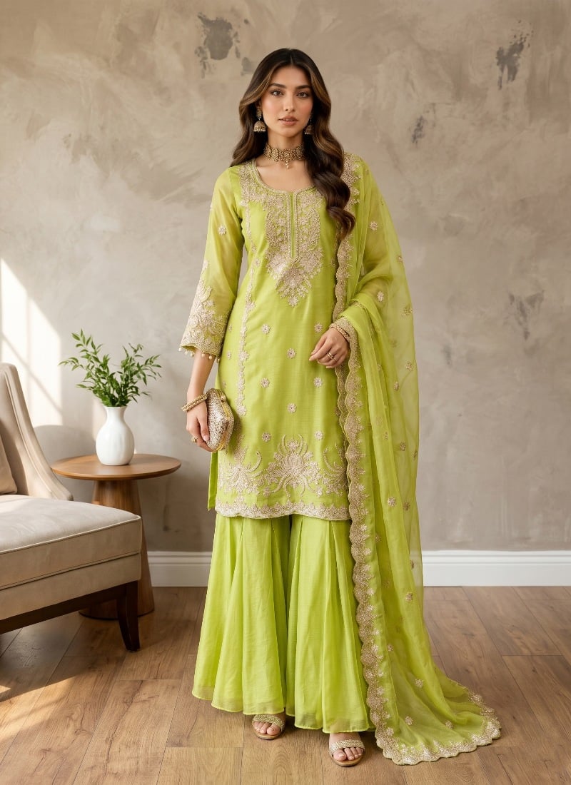 Lime Green Sequins Embroidered Silk Palazzo Suit After Six Wear