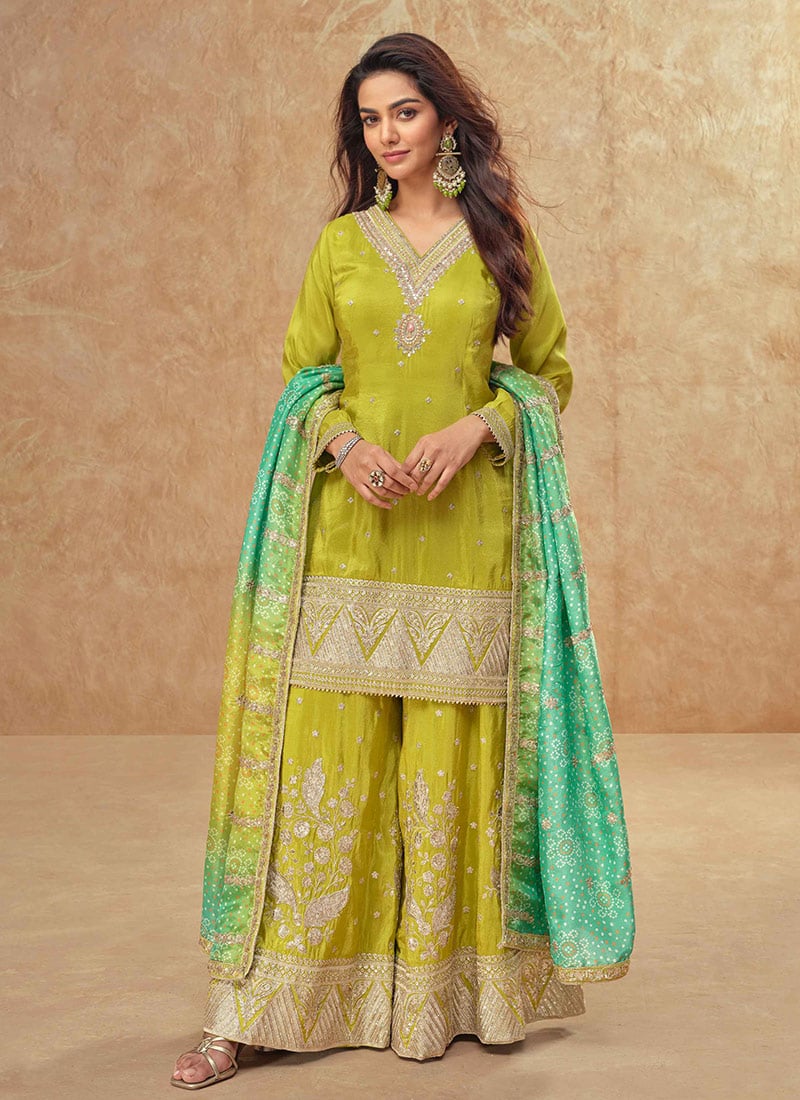 Lime Green Shimmer Silk Embroidered Sequins Palazzo Suit With Bandhani Print Dupatta Festive Wear