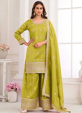 Lime Green Shimmer Silk Embroidered Sequins Zari Palazzo Suit