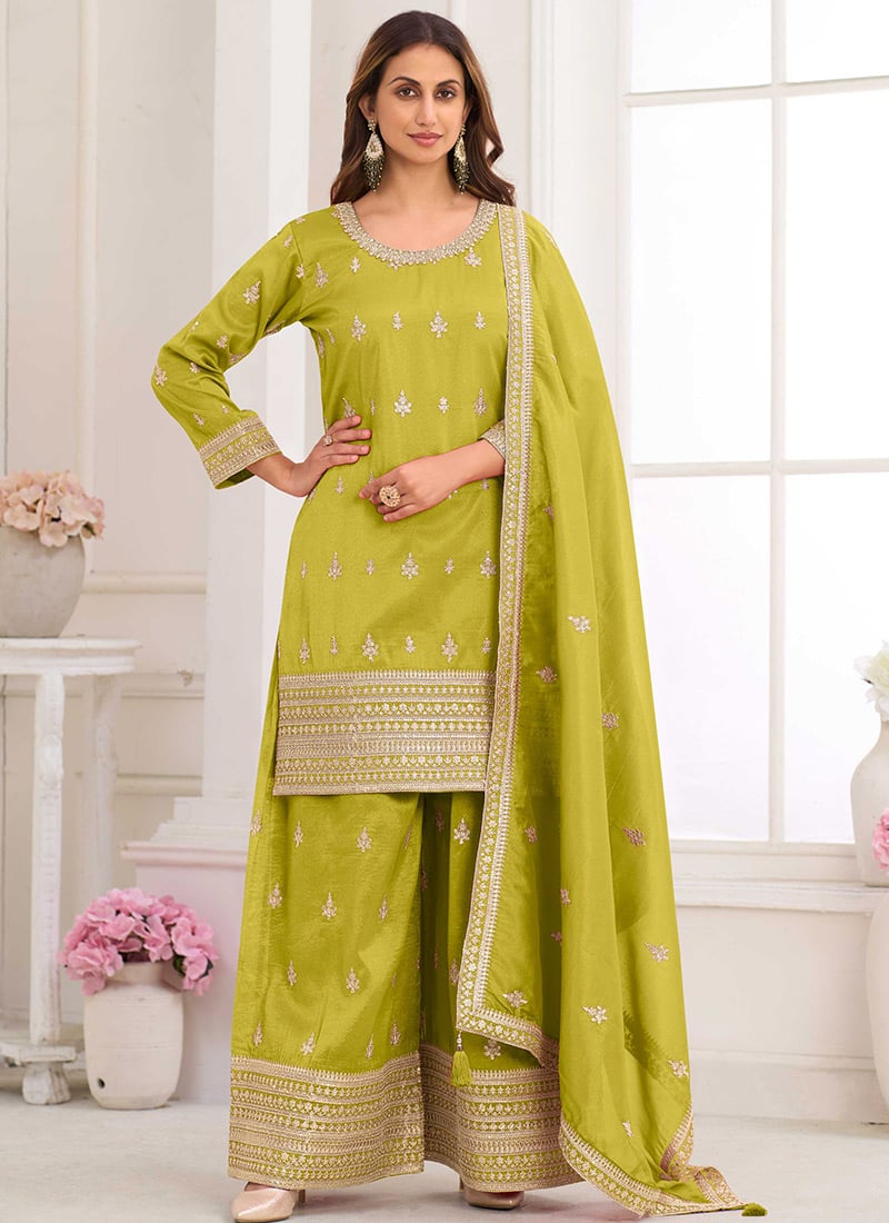 Lime Green Shimmer Silk Embroidered Sequins Zari Palazzo Suit Festive Wear