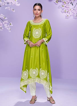 Lime Green Silk A Line Kurta Pant Set With Hand Embroidery And Sequins