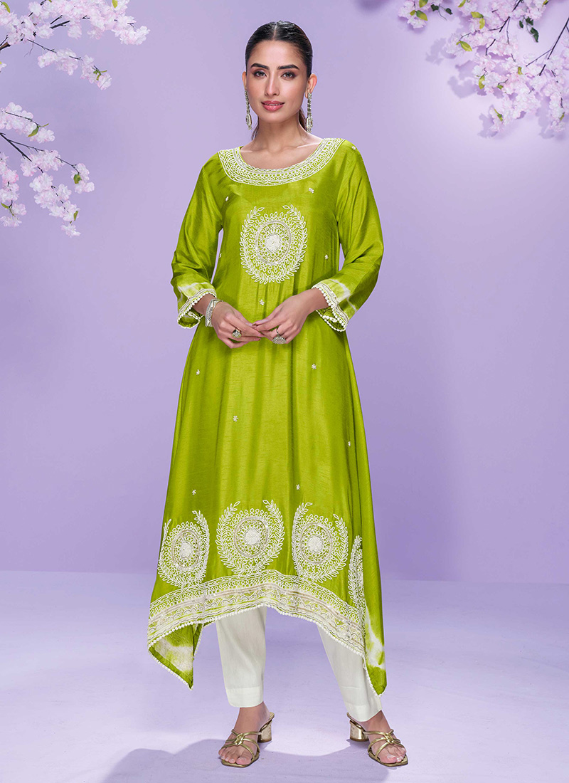Lime Green Silk A Line Kurta Pant Set With Hand Embroidery And Sequins